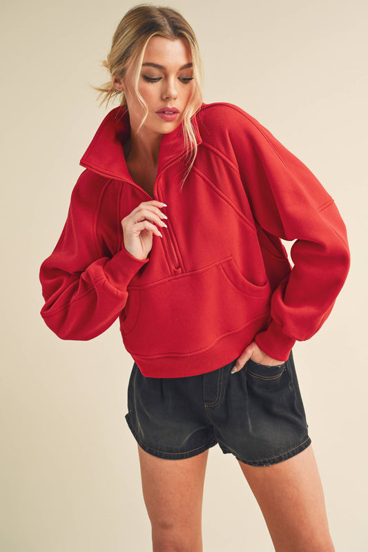 AEMI + CO Dove Funnel Neck Half Zip Pullover, Tomato