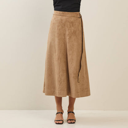 Able - Belted A-line vegan suede skirt: Camel