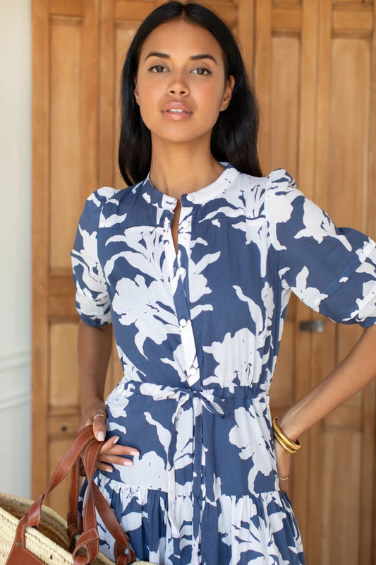Emerson Fry-Lucy 4 Basque Dress - Blue Indigo + Ivory Orchid Organic