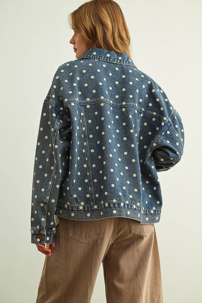Miou Muse - Polka Dot Button Front Denim Jacket