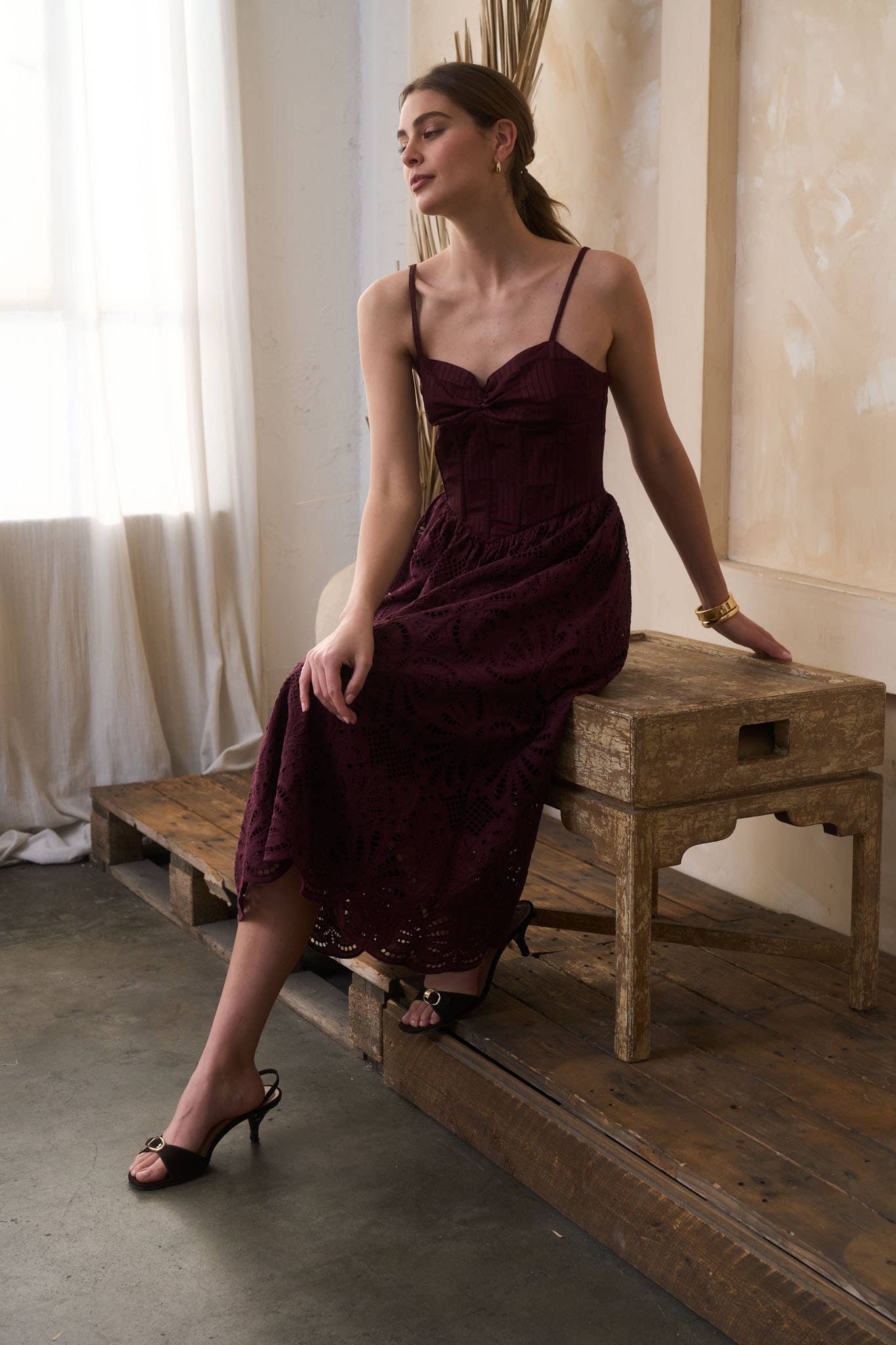 Moon River - SCALLOP LACE SKIRT STRAPLESS  MIDI DRESS: WINE
