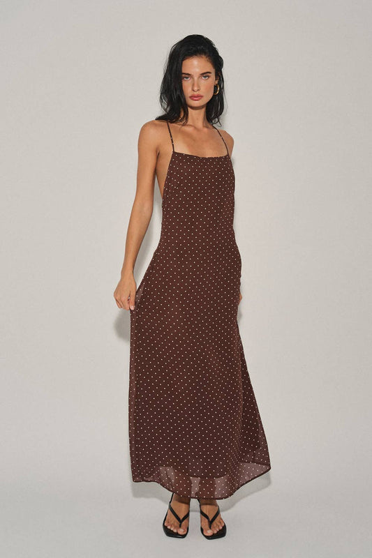 Beige Botany - Polka Dot Halter Midi Dress: Chocolate