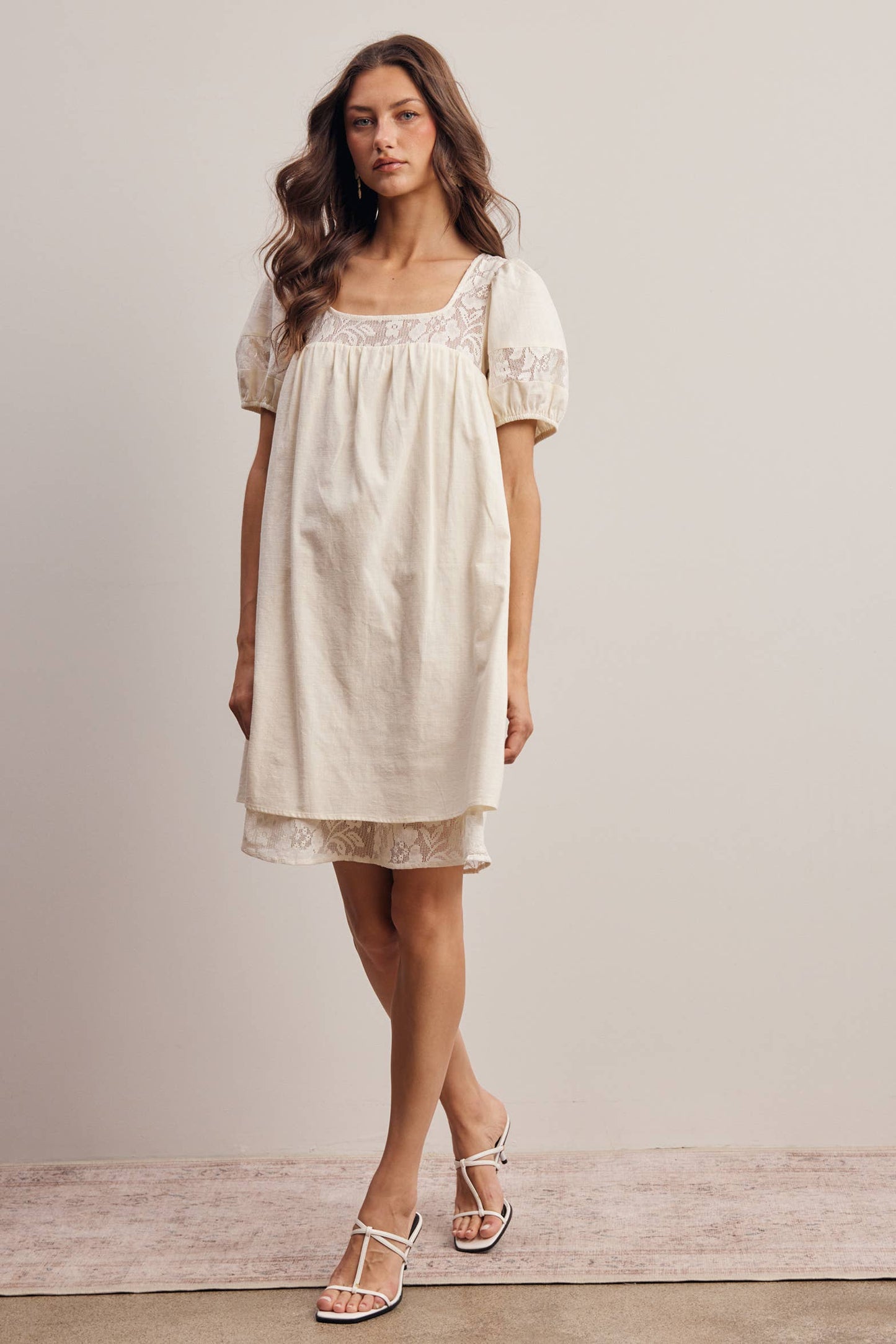 Forte - Lace Yoke Puff Sleeve Mini Dress Ivory