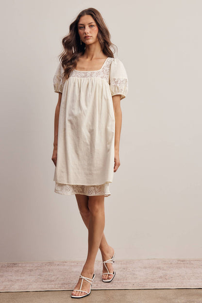 Forte - Lace Yoke Puff Sleeve Mini Dress Ivory