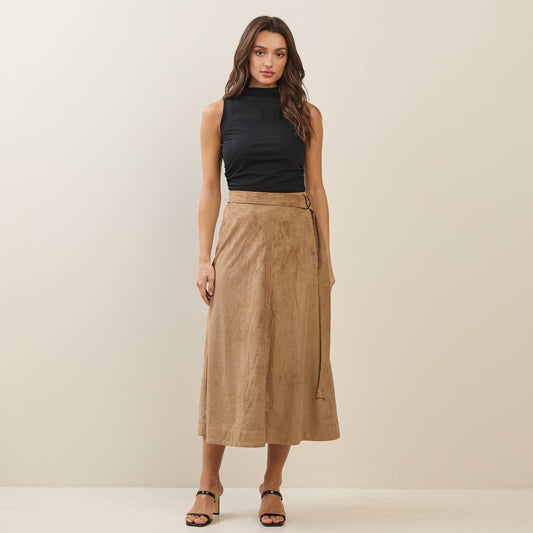 Able - Belted A-line vegan suede skirt: Camel