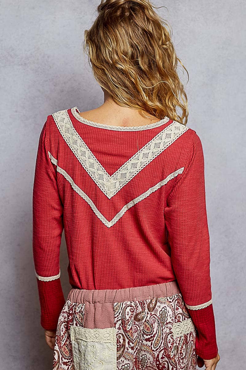 Long sleeve double gauze solid knit rib top: RASPBERRY ROSE