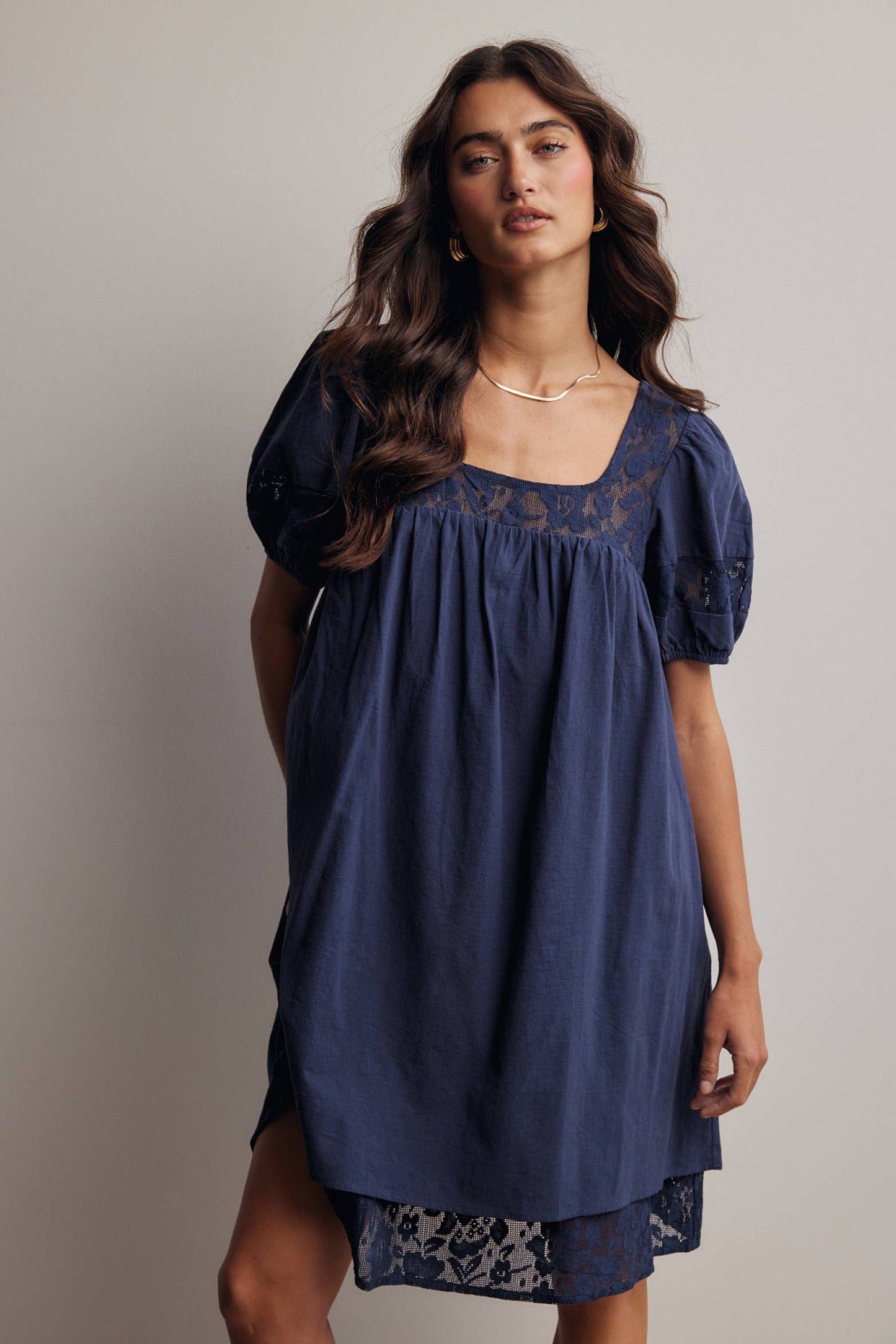 Forte - Lace Yoke Puff Sleeve Mini Dress Ivory