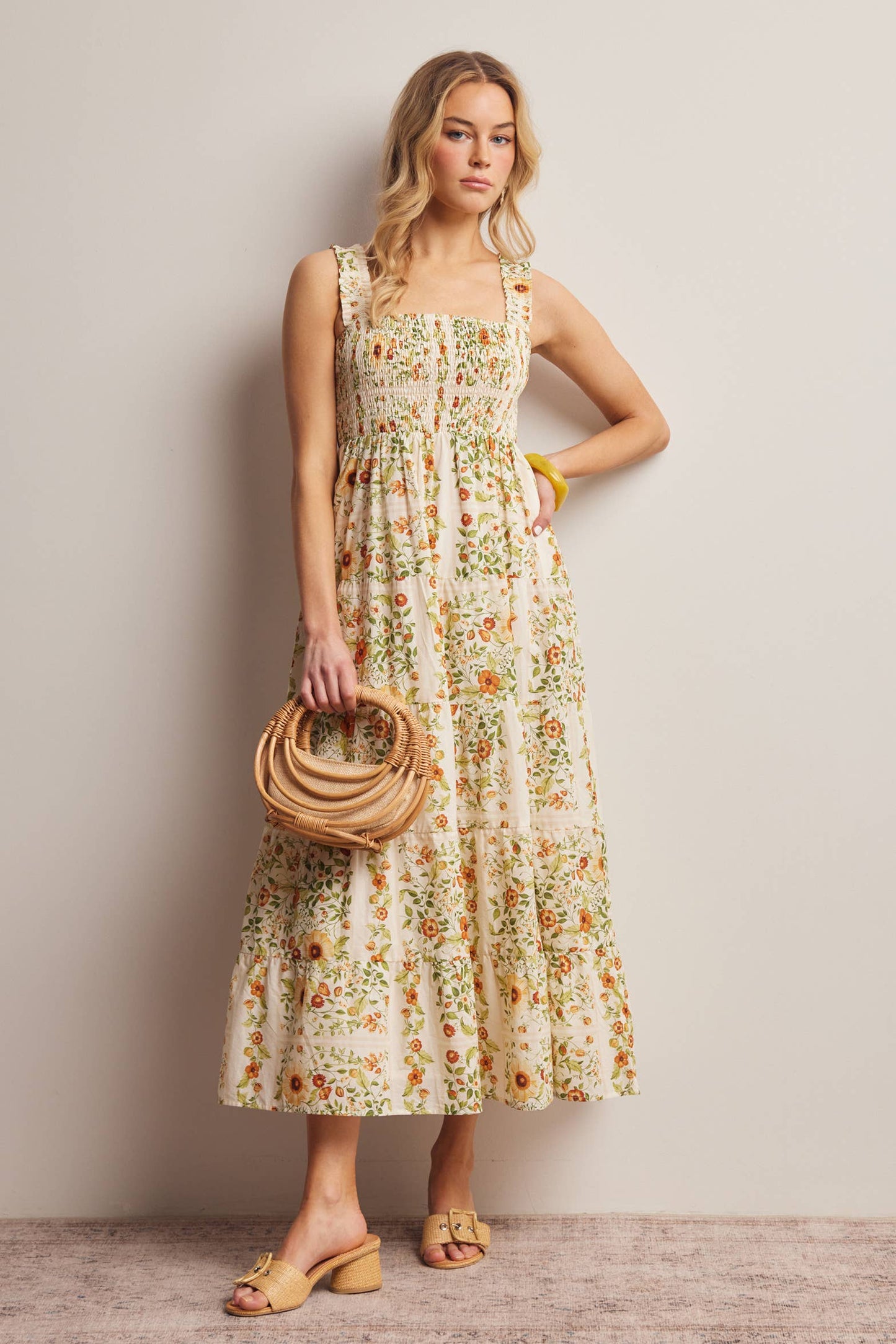 Forte - Floral Smocked Tiered Midi Dress Ecru, Contemporary