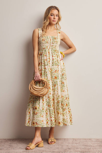 Forte - Floral Smocked Tiered Midi Dress Ecru, Contemporary