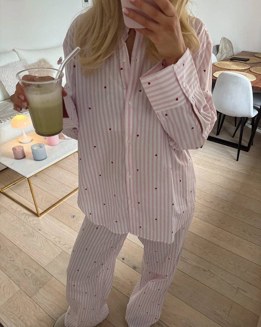 Pink Striped With Hearts Button Down Pajamas Set